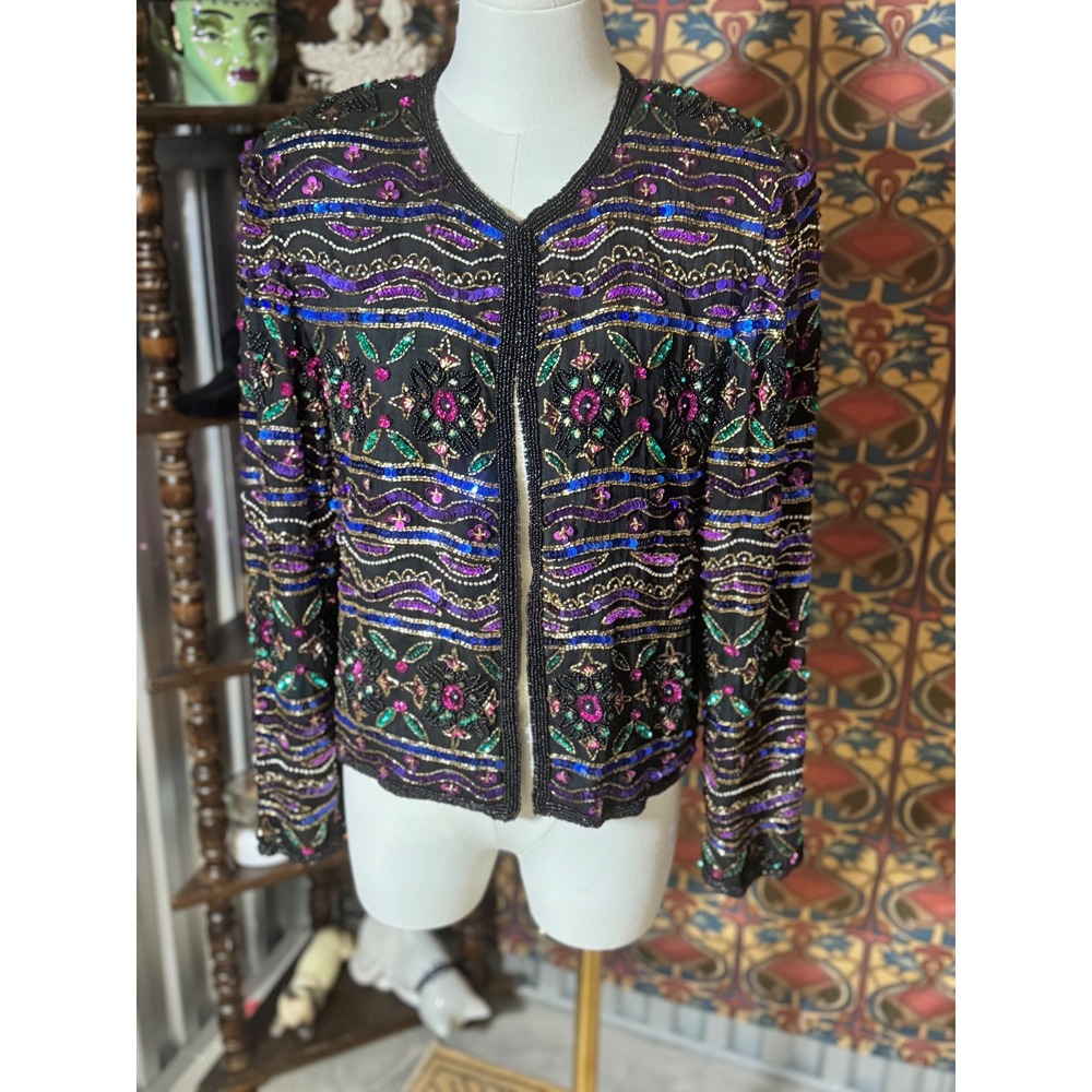 Papell Boutique Evening Beaded Sequin Embellished Jacket Size 10 100% silk